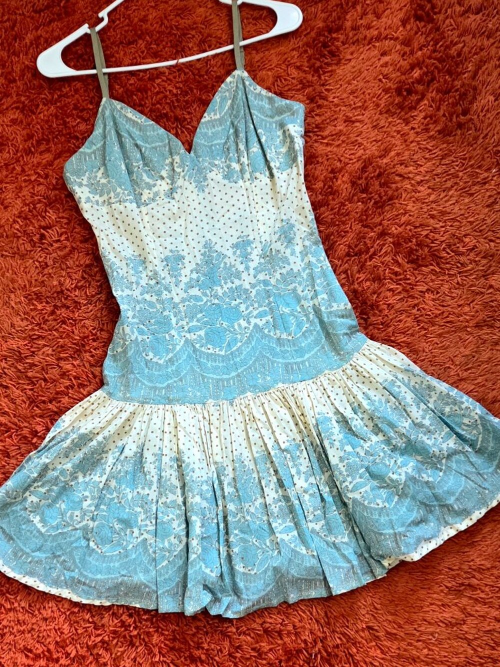 Vintage Plenty Cream & Blue Strap Dress – Size Small –100% Cotton –Made in India